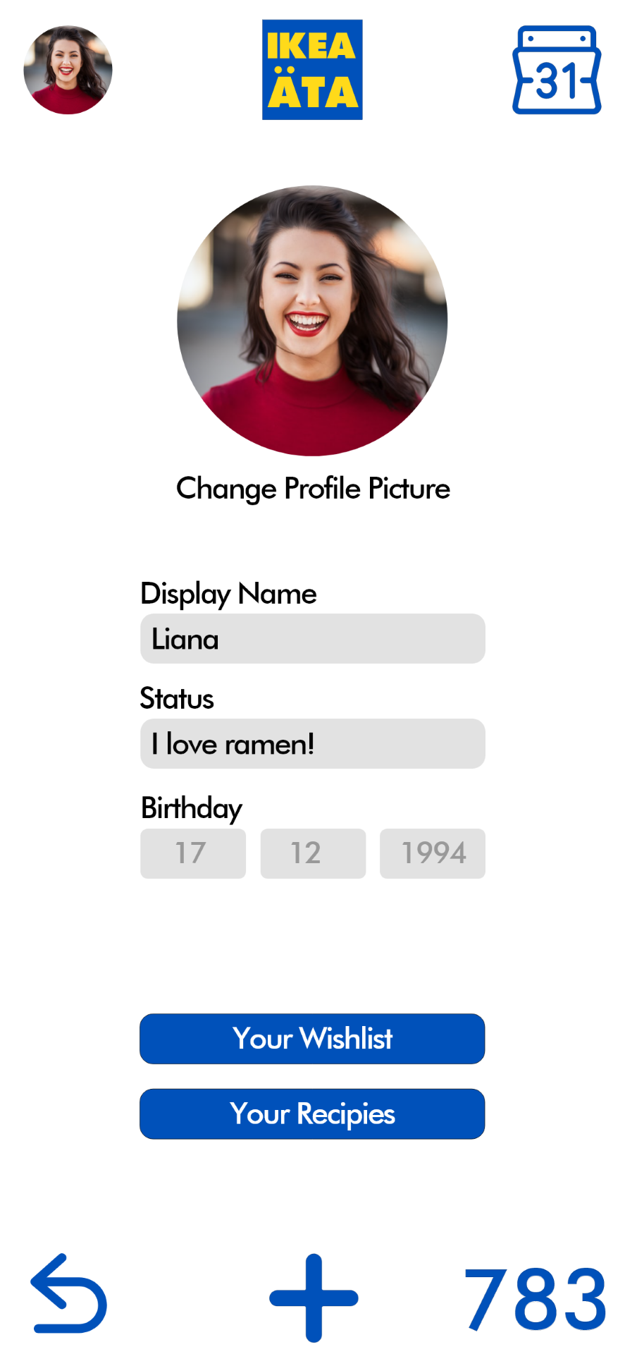 The 'My Profile' page where one could update their status and view their Ikea wishlist or saved recipes.